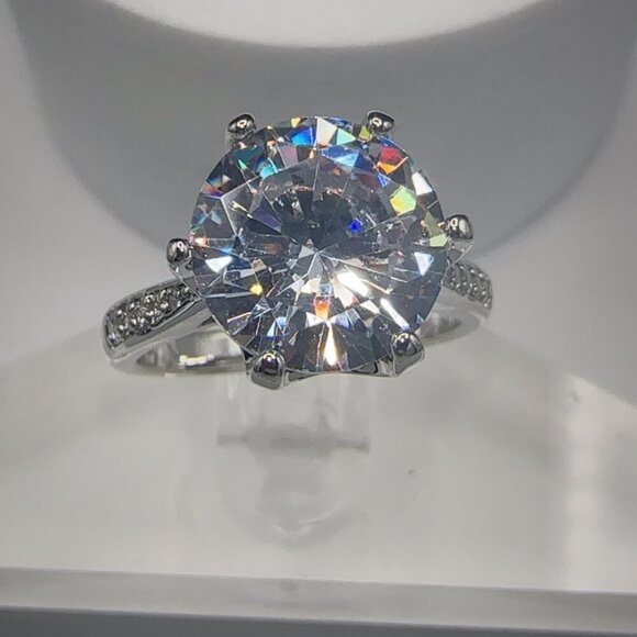 Round Cut Simulated Diamond Engagement Ring With Pave Band In Silver Tone 4CT - Picture 3 of 14